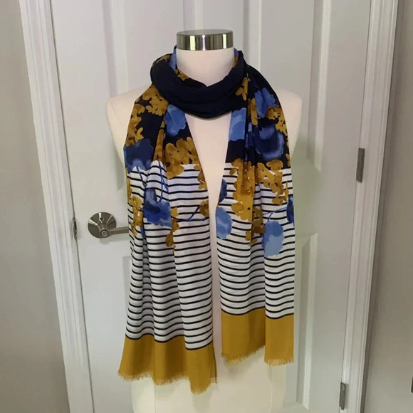 Talbots scarf- navy and white stripes with gold and blue floral accents - Picture 3 of 4